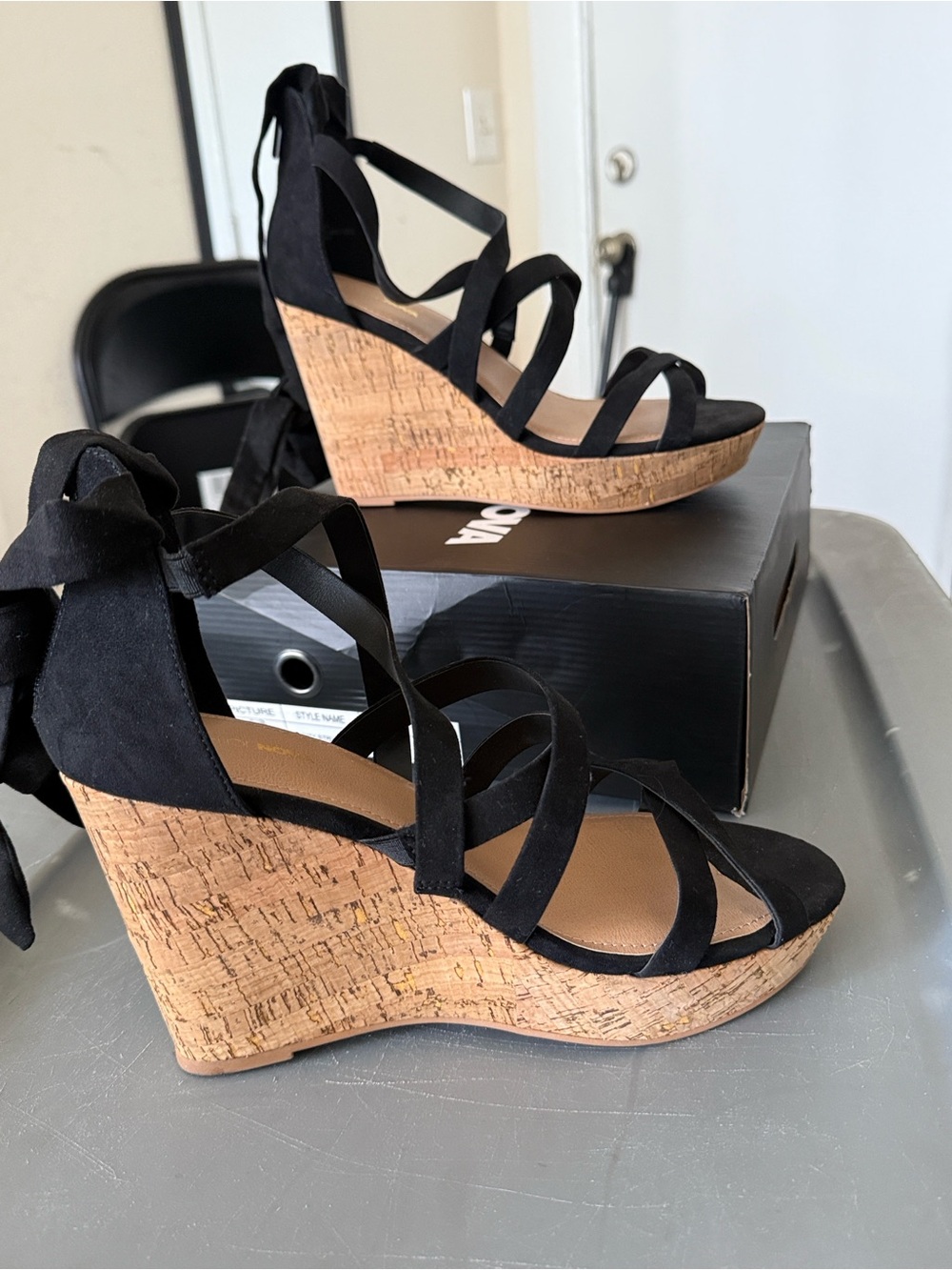 Fashion Nova Black Strappy Cork Wedge Sandals with Ankle Tie - Picture 1 of 14